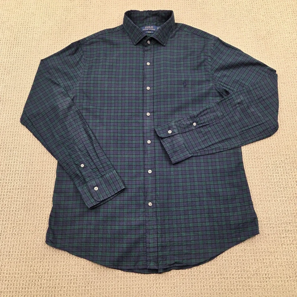 Polo Ralph Lauren Slim Fit Button Shirt Navy Blue Green‎ Plaid Mens XL